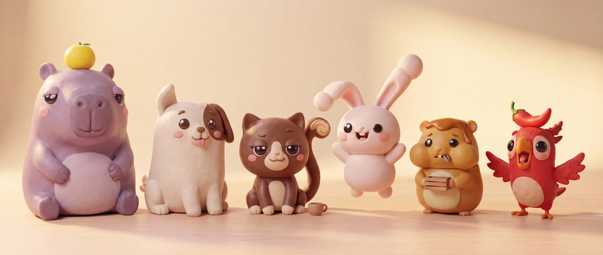 The Fun Face clay troupe — a band of squishy dessert friends.